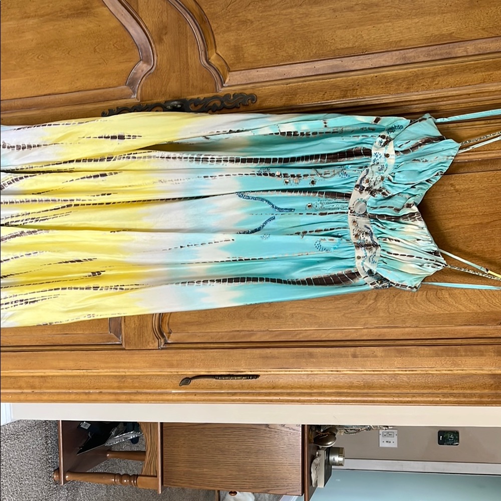 BCBGMaxAzria Yellow and Blue Pleated Sundress